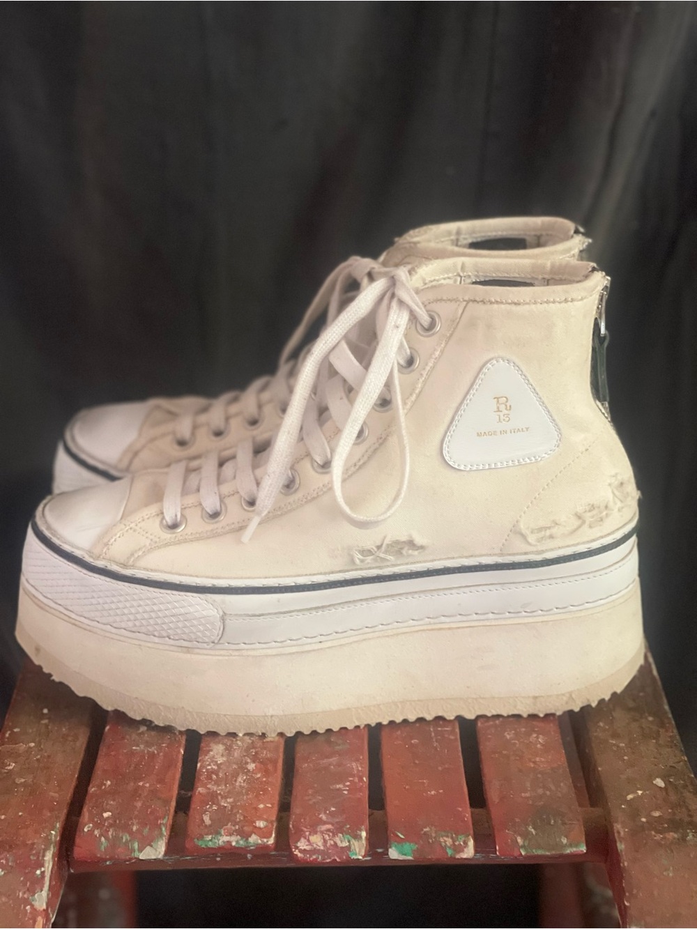 R13 Courtney Platform High Top Sneakers Ecru Distressed - Picture 4 of 7